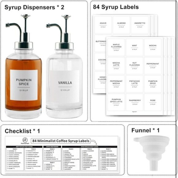 NWT Glass Coffee Syrup Dispenser Bottles with 84 Labels (Set of 2)Coffee Pump - Picture 3 of 7